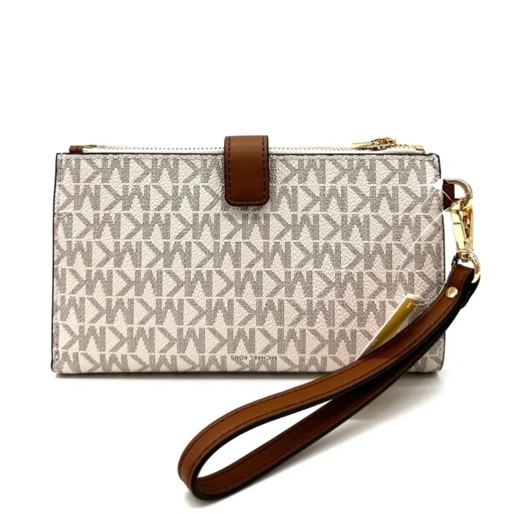Michael Kors Large Double Zip Wallet Wristlet Vanilla/Brown